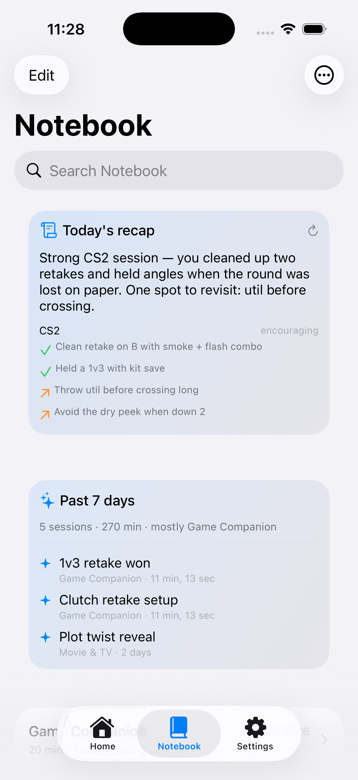 Today's Recap coach card with what went well and one thing to revisit, for a CS2 session