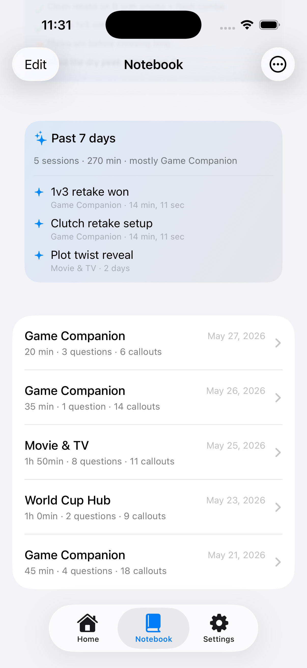 Wombow Notebook showing five game sessions and a highlights summary card