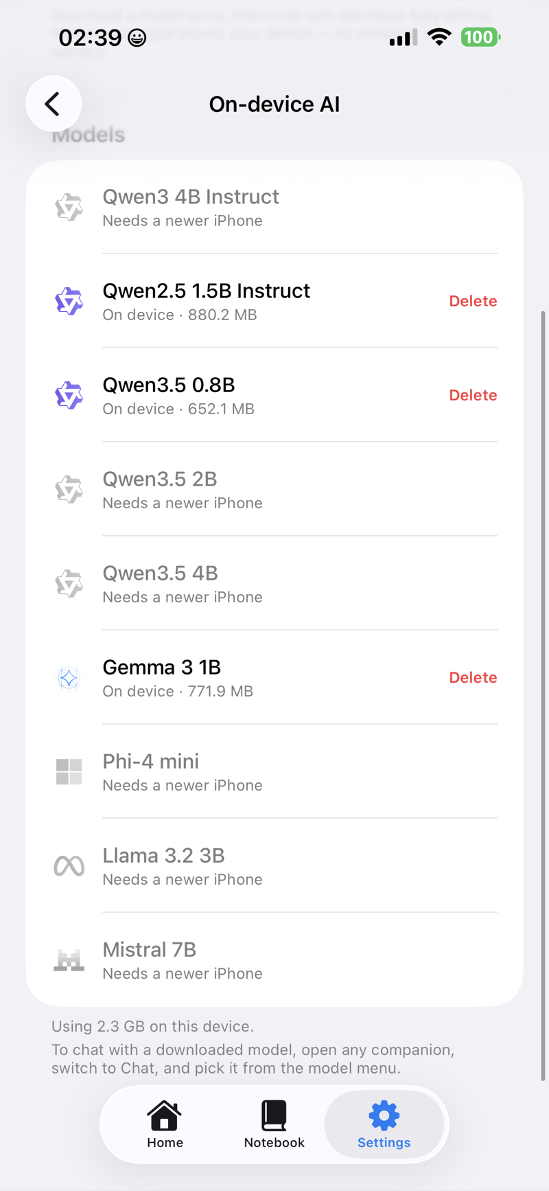 Wombow on-device AI screen listing nine downloadable models