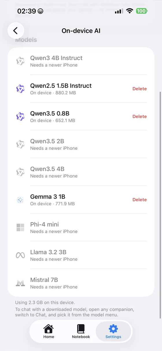 Wombow on-device AI screen listing nine downloadable models
