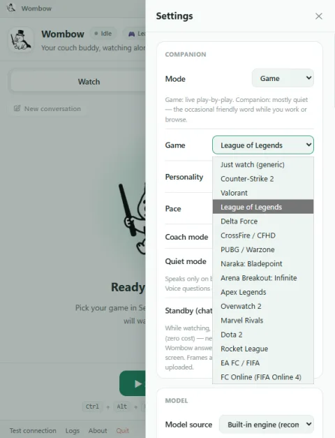 Wombow for Windows settings, showing its list of game presets