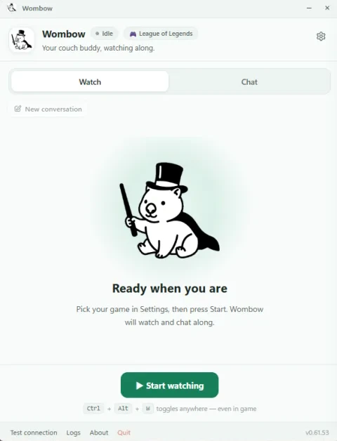 Wombow for Windows, idle and waiting for a game to start