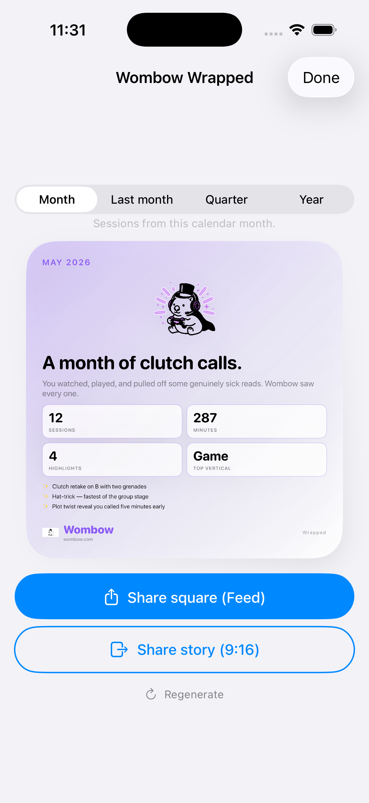 Wombow Wrapped share card with this month's stats, mascot, and three favorite highlight quotes