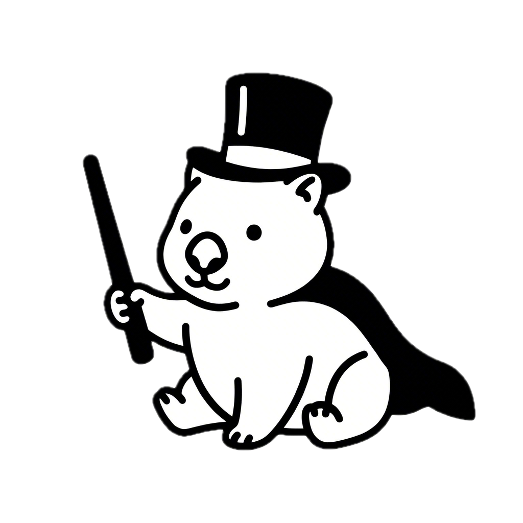 Wombow, a magical wombat with a wizard hat